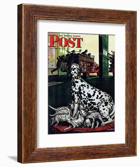 "Dalmatian and Pups," Saturday Evening Post Cover, January 13, 1945-Stevan Dohanos-Framed Giclee Print