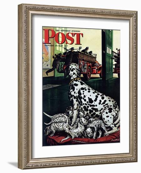 "Dalmatian and Pups," Saturday Evening Post Cover, January 13, 1945-Stevan Dohanos-Framed Giclee Print