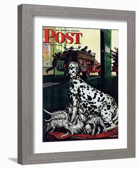 "Dalmatian and Pups," Saturday Evening Post Cover, January 13, 1945-Stevan Dohanos-Framed Giclee Print