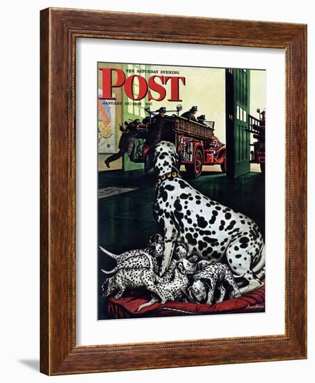 "Dalmatian and Pups," Saturday Evening Post Cover, January 13, 1945-Stevan Dohanos-Framed Premium Giclee Print