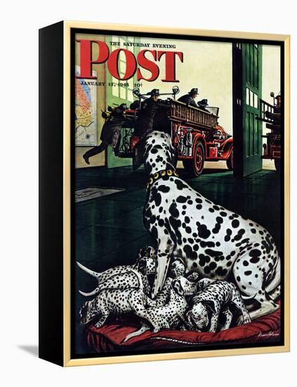 "Dalmatian and Pups," Saturday Evening Post Cover, January 13, 1945-Stevan Dohanos-Framed Premier Image Canvas