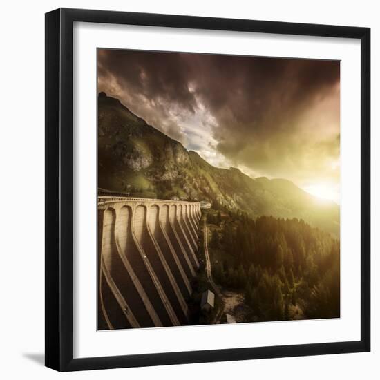 Dam in a Forest on Lake Fedaia at Sunset, Northern Italy-null-Framed Photographic Print