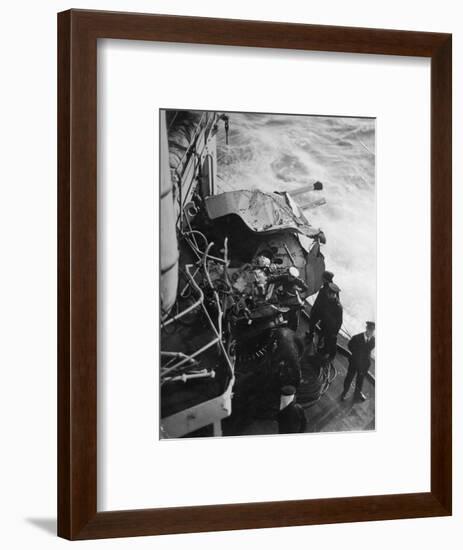 Damaged Anti-Aircraft Gun on the British Battleship HMS 'Malaya, Off the Coast of Portugal, 1937-null-Framed Giclee Print