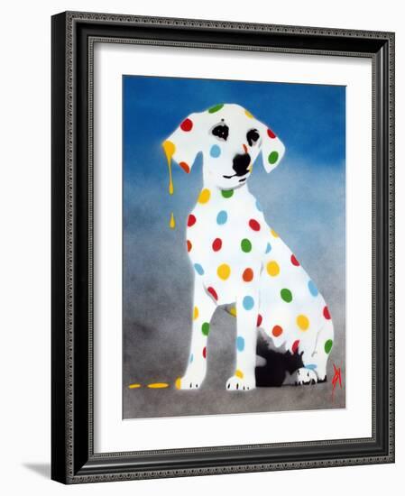 Damien's Dotty Spotty Dawg - Blue-Juan Sly-Framed Art Print