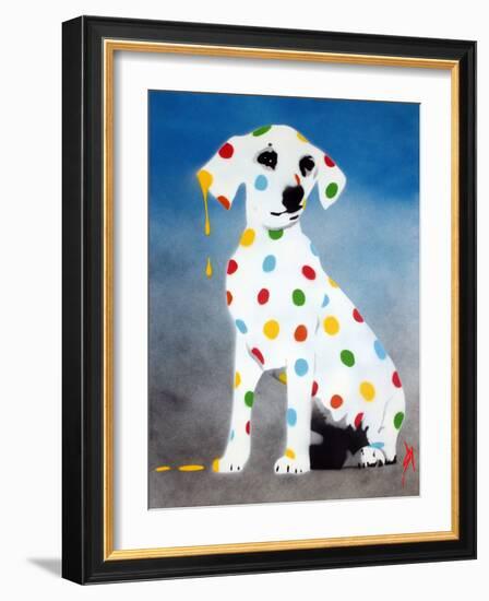 Damien's Dotty Spotty Dawg - Blue-Juan Sly-Framed Art Print