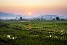The Sun Sets Behind Foggy Hills and Expansive Rice Paddy Fields Near Chiang Mai, Thailand-Dan Holz-Photographic Print