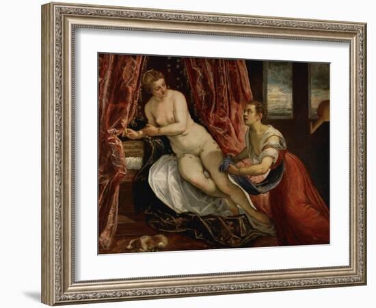 Danae, While Gold Coins Pour Down on Danae, a Servant Tries to Catch Some of Them in Her Apron-Jacopo Robusti Tintoretto-Framed Giclee Print