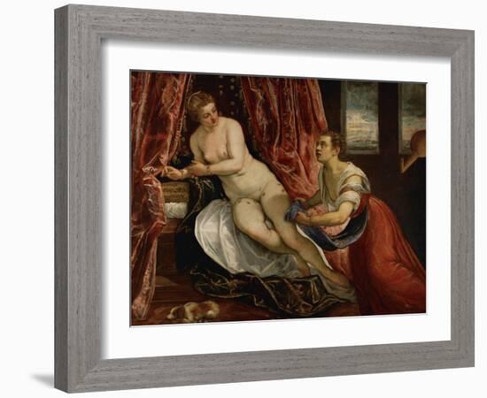 Danae, While Gold Coins Pour Down on Danae, a Servant Tries to Catch Some of Them in Her Apron-Jacopo Robusti Tintoretto-Framed Giclee Print