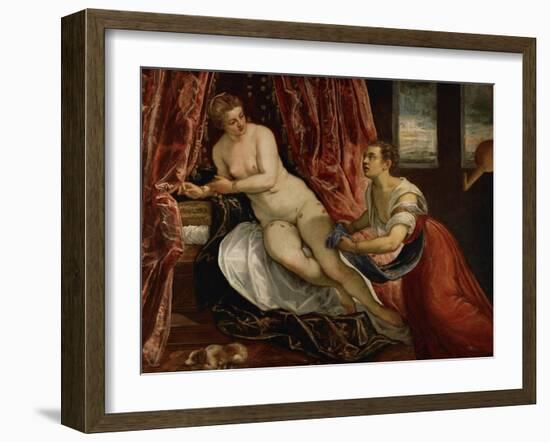 Danae, While Gold Coins Pour Down on Danae, a Servant Tries to Catch Some of Them in Her Apron-Jacopo Robusti Tintoretto-Framed Giclee Print