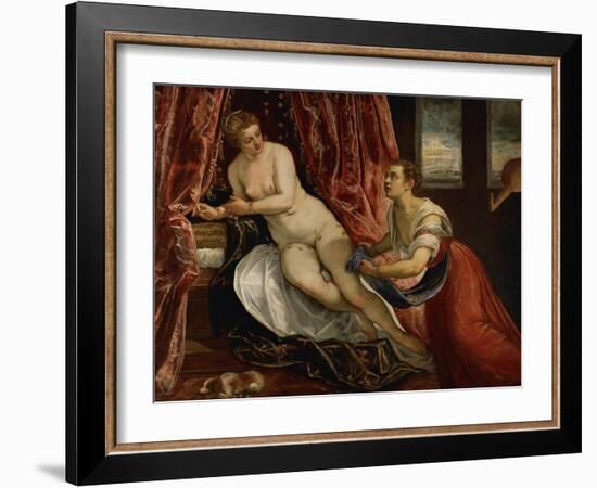 Danae, While Gold Coins Pour Down on Danae, a Servant Tries to Catch Some of Them in Her Apron-Jacopo Robusti Tintoretto-Framed Giclee Print