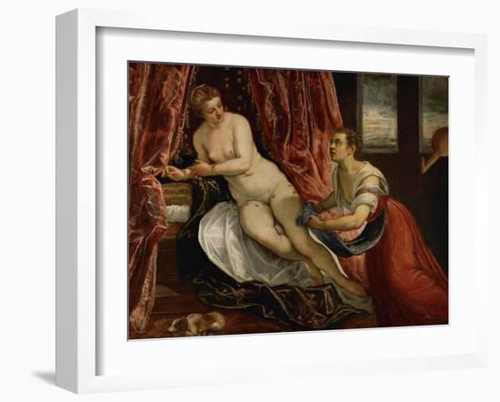 Danae, While Gold Coins Pour Down on Danae, a Servant Tries to Catch Some of Them in Her Apron-Jacopo Robusti Tintoretto-Framed Giclee Print