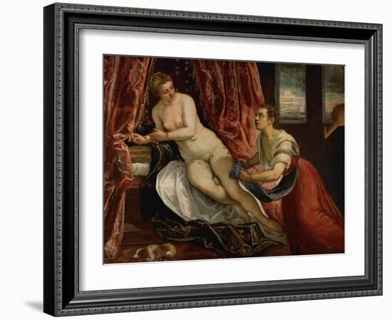 Danae, While Gold Coins Pour Down on Danae, a Servant Tries to Catch Some of Them in Her Apron-Jacopo Robusti Tintoretto-Framed Giclee Print