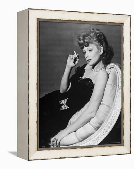 Dancer/Actress Lucille Ball in Strapless Black Lace Evening Dress, Holding Lit Cigarette on Couch-John Florea-Framed Premier Image Canvas