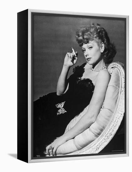 Dancer/Actress Lucille Ball in Strapless Black Lace Evening Dress, Holding Lit Cigarette on Couch-John Florea-Framed Premier Image Canvas