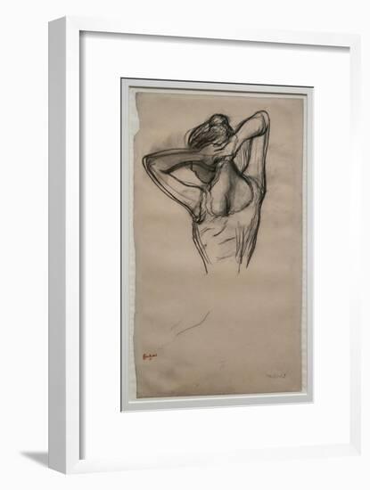 Dancer, half-body, arms crossed behind her head. Around 1880. Pencil on paper.-Edgar Degas-Framed Giclee Print