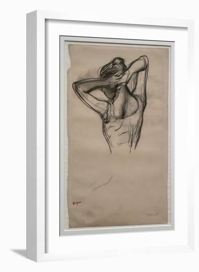 Dancer, half-body, arms crossed behind her head. Around 1880. Pencil on paper.-Edgar Degas-Framed Giclee Print