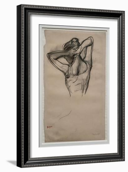 Dancer, half-body, arms crossed behind her head. Around 1880. Pencil on paper.-Edgar Degas-Framed Giclee Print