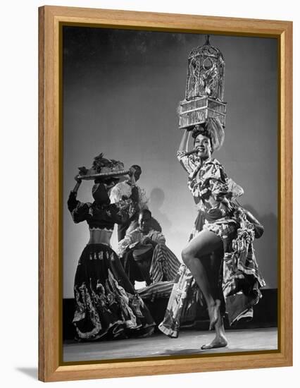 Dancer Katherine Dunham Dancing Barefoot with Cigar in Her Mouth and Birdcage Balanced on Her Head-Gjon Mili-Framed Premier Image Canvas
