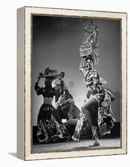 Dancer Katherine Dunham Dancing Barefoot with Cigar in Her Mouth and Birdcage Balanced on Her Head-Gjon Mili-Framed Premier Image Canvas