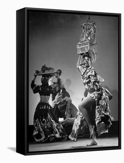 Dancer Katherine Dunham Dancing Barefoot with Cigar in Her Mouth and Birdcage Balanced on Her Head-Gjon Mili-Framed Premier Image Canvas