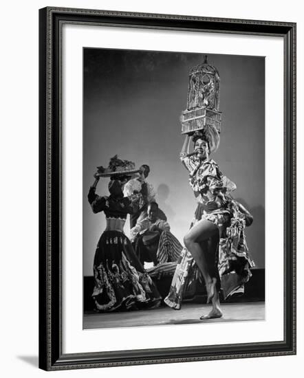 Dancer Katherine Dunham Dancing Barefoot with Cigar in Her Mouth and Birdcage Balanced on Her Head-Gjon Mili-Framed Premium Photographic Print