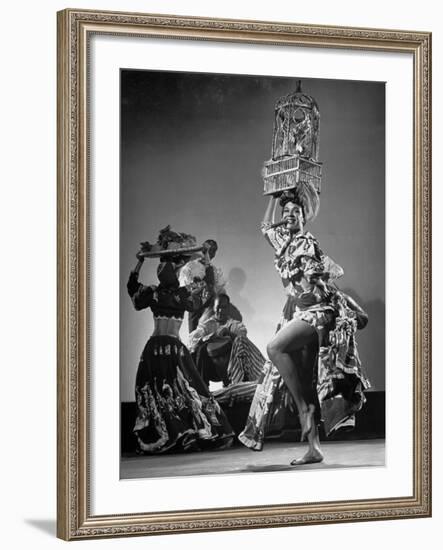 Dancer Katherine Dunham Dancing Barefoot with Cigar in Her Mouth and Birdcage Balanced on Her Head-Gjon Mili-Framed Premium Photographic Print