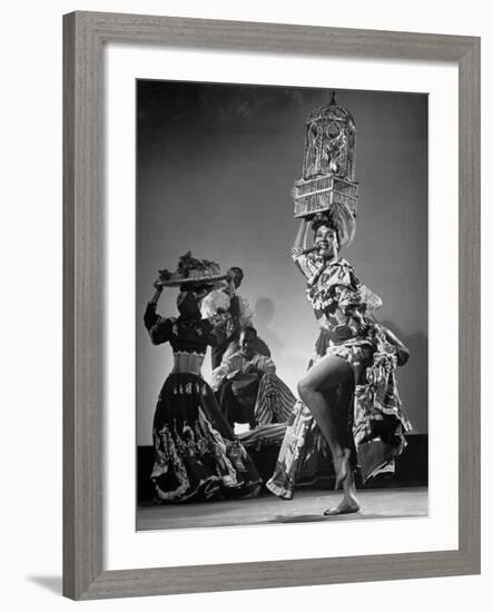 Dancer Katherine Dunham Dancing Barefoot with Cigar in Her Mouth and Birdcage Balanced on Her Head-Gjon Mili-Framed Premium Photographic Print