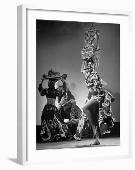 Dancer Katherine Dunham Dancing Barefoot with Cigar in Her Mouth and Birdcage Balanced on Her Head-Gjon Mili-Framed Premium Photographic Print