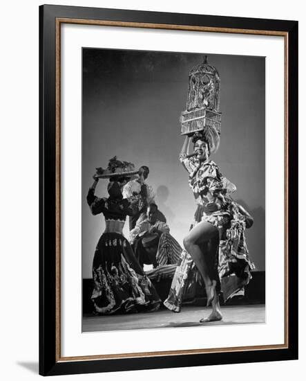 Dancer Katherine Dunham Dancing Barefoot with Cigar in Her Mouth and Birdcage Balanced on Her Head-Gjon Mili-Framed Premium Photographic Print