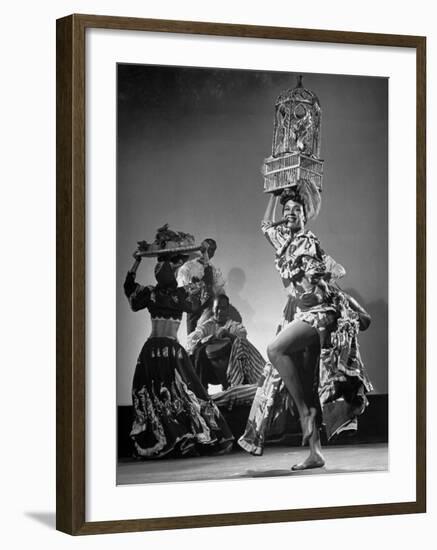 Dancer Katherine Dunham Dancing Barefoot with Cigar in Her Mouth and Birdcage Balanced on Her Head-Gjon Mili-Framed Premium Photographic Print