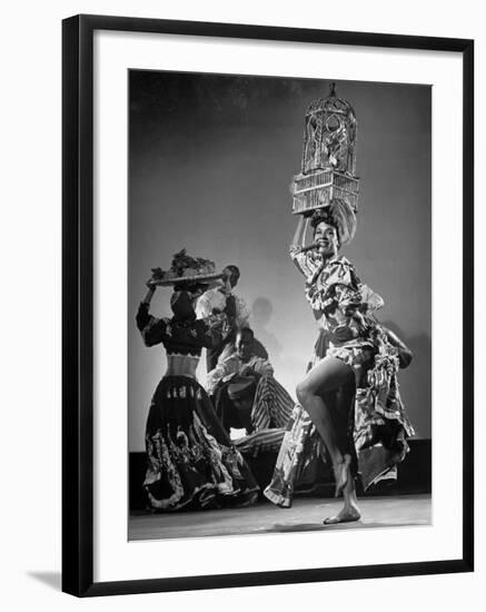 Dancer Katherine Dunham Dancing Barefoot with Cigar in Her Mouth and Birdcage Balanced on Her Head-Gjon Mili-Framed Premium Photographic Print