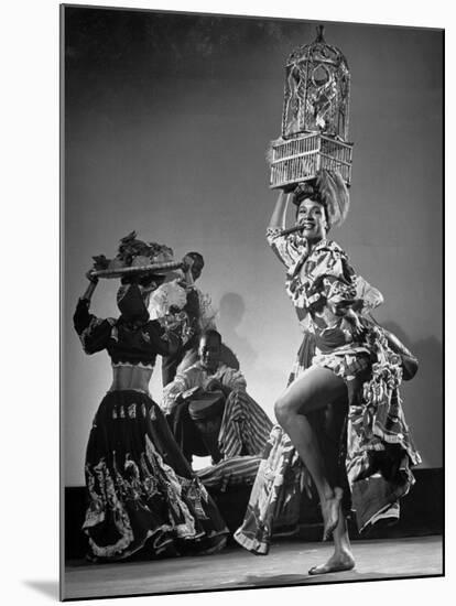 Dancer Katherine Dunham Dancing Barefoot with Cigar in Her Mouth and Birdcage Balanced on Her Head-Gjon Mili-Mounted Premium Photographic Print
