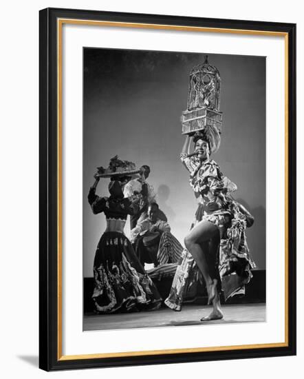 Dancer Katherine Dunham Dancing Barefoot with Cigar in Her Mouth and Birdcage Balanced on Her Head-Gjon Mili-Framed Premium Photographic Print