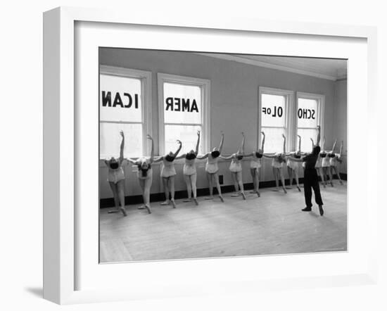 Dancers at George Balanchine's School of American Ballet Lined Up at Barre During Training-Alfred Eisenstaedt-Framed Premium Photographic Print