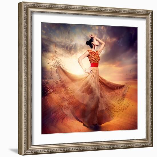 Dancing Fashion Woman Wearing Blowing Long Chiffon Dress-Subbotina Anna-Framed Art Print