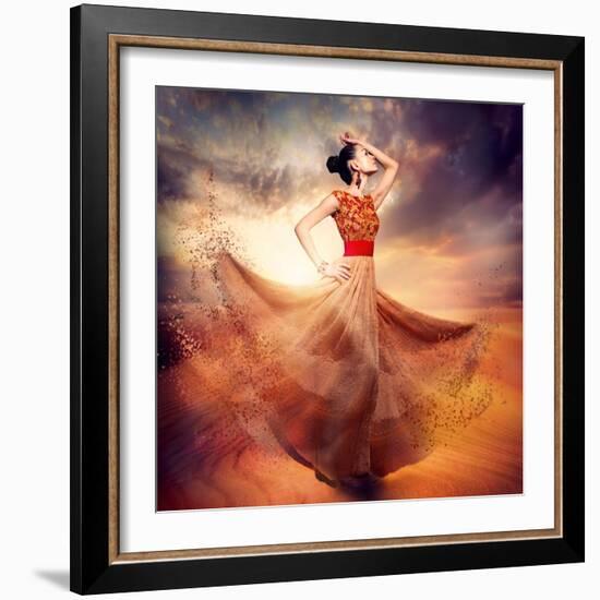 Dancing Fashion Woman Wearing Blowing Long Chiffon Dress-Subbotina Anna-Framed Art Print