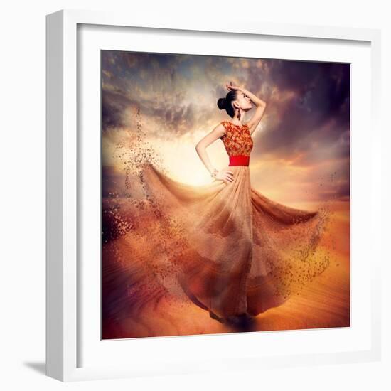 Dancing Fashion Woman Wearing Blowing Long Chiffon Dress-Subbotina Anna-Framed Art Print