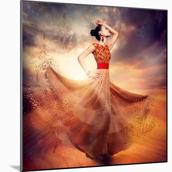 Dancing Fashion Woman Wearing Blowing Long Chiffon Dress-Subbotina Anna-Mounted Art Print