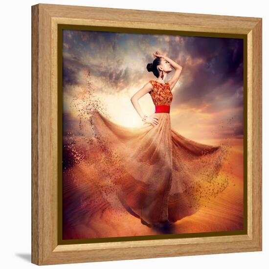 Dancing Fashion Woman Wearing Blowing Long Chiffon Dress-Subbotina Anna-Framed Stretched Canvas