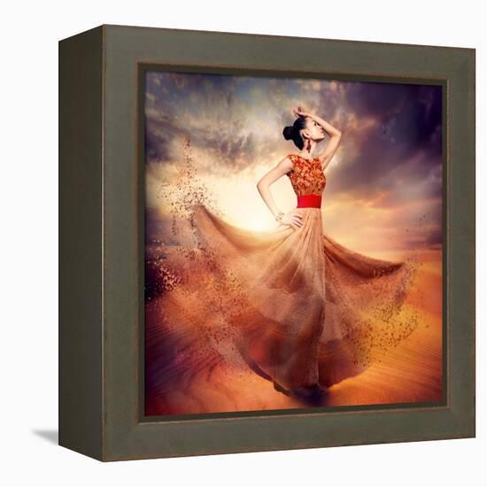 Dancing Fashion Woman Wearing Blowing Long Chiffon Dress-Subbotina Anna-Framed Stretched Canvas