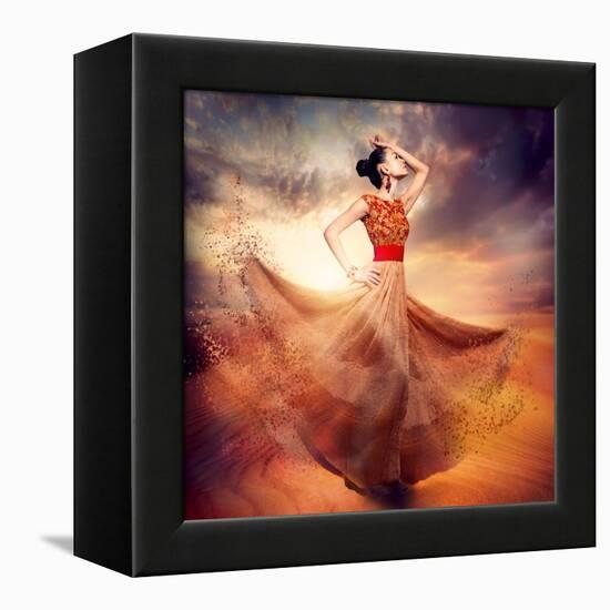 Dancing Fashion Woman Wearing Blowing Long Chiffon Dress-Subbotina Anna-Framed Stretched Canvas