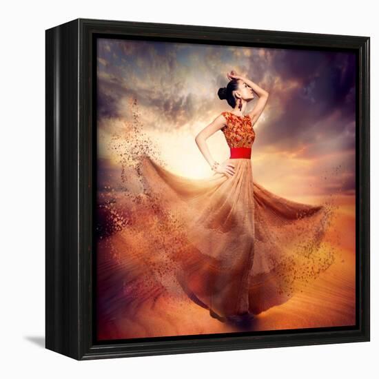 Dancing Fashion Woman Wearing Blowing Long Chiffon Dress-Subbotina Anna-Framed Stretched Canvas