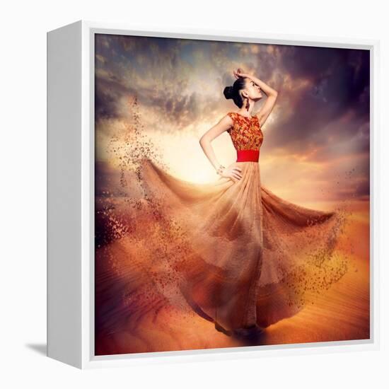 Dancing Fashion Woman Wearing Blowing Long Chiffon Dress-Subbotina Anna-Framed Stretched Canvas