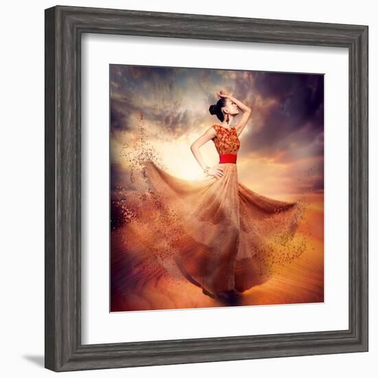 Dancing Fashion Woman Wearing Blowing Long Chiffon Dress-Subbotina Anna-Framed Art Print