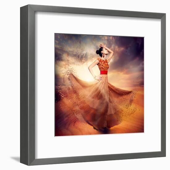 Dancing Fashion Woman Wearing Blowing Long Chiffon Dress-Subbotina Anna-Framed Art Print