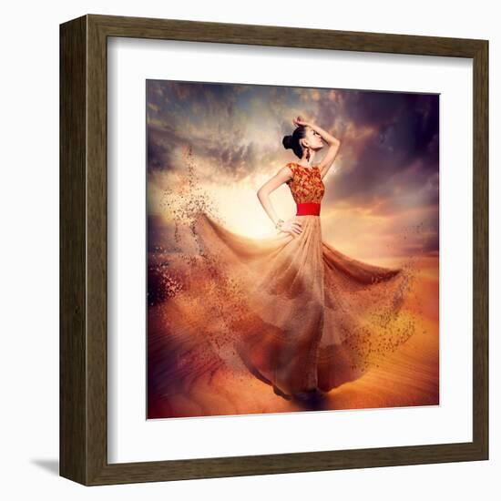 Dancing Fashion Woman Wearing Blowing Long Chiffon Dress-Subbotina Anna-Framed Art Print