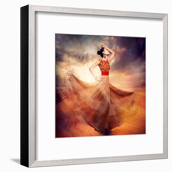 Dancing Fashion Woman Wearing Blowing Long Chiffon Dress-Subbotina Anna-Framed Art Print