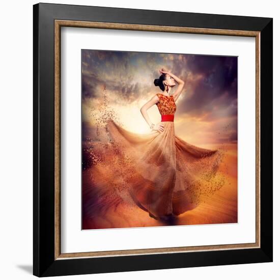 Dancing Fashion Woman Wearing Blowing Long Chiffon Dress-Subbotina Anna-Framed Art Print