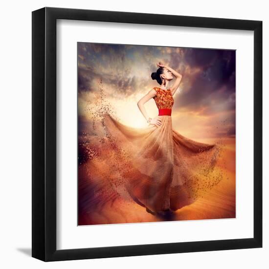 Dancing Fashion Woman Wearing Blowing Long Chiffon Dress-Subbotina Anna-Framed Art Print