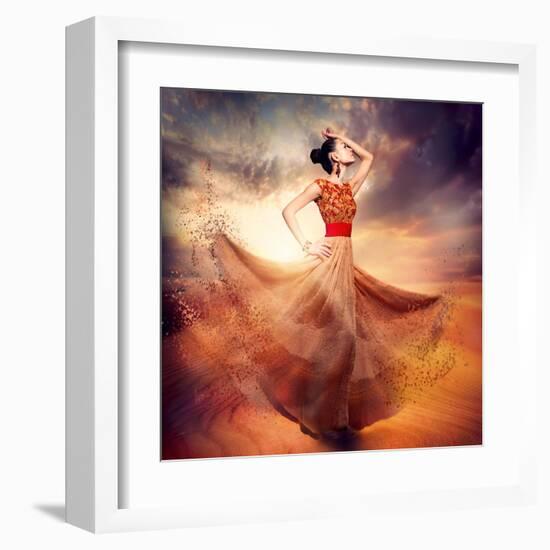 Dancing Fashion Woman Wearing Blowing Long Chiffon Dress-Subbotina Anna-Framed Art Print